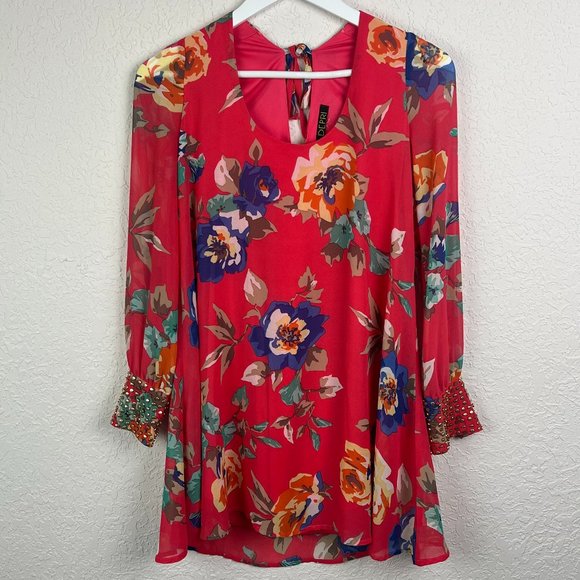 DEPRI Womens Red Floral Blouse Long Studded Cuff Sleeves Keyhole Tie Back - Picture 2 of 12